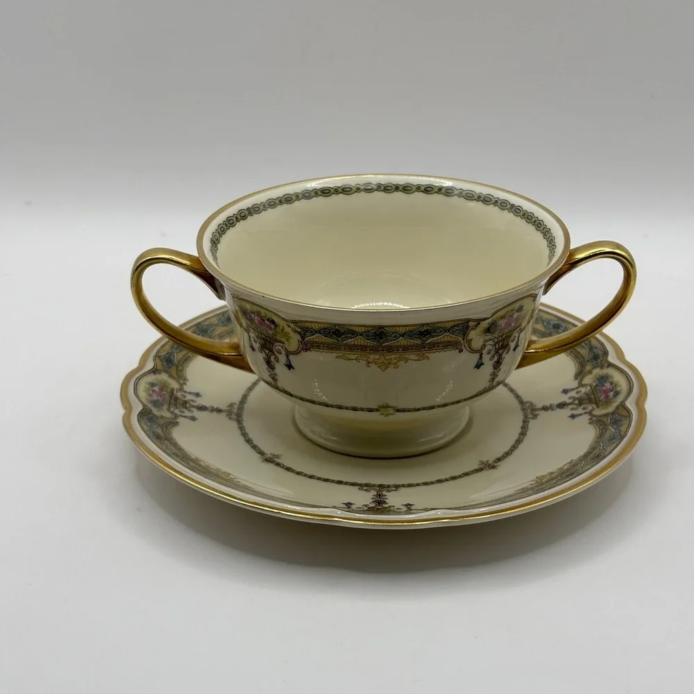 Vtg Black Knight Selb Bavaria Cream Soup Bowl and Saucer Set Floral Gold Gilt 30